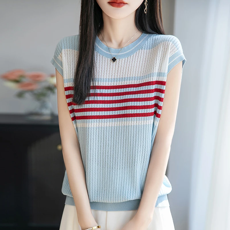 品牌时尚宽松女装飞飞袖针织衫拼接条纹圆领撞色夏季