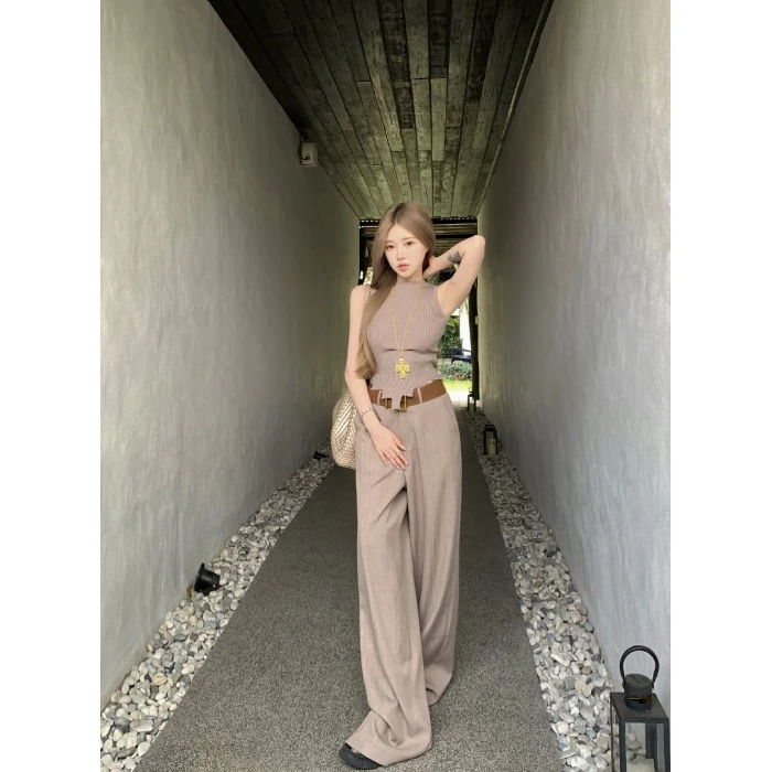 老钱风卡其色垂感西装长裤女夏季通勤百搭休闲裤宽松阔腿拖地裤子