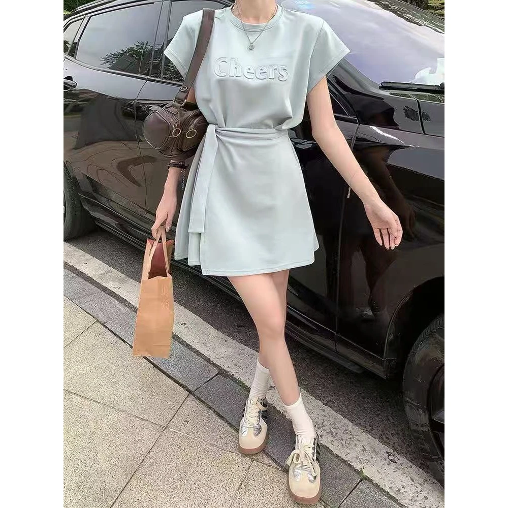 夏季新款立体字母圆领短袖连衣裙女韩版收腰绑带超好看裙子209