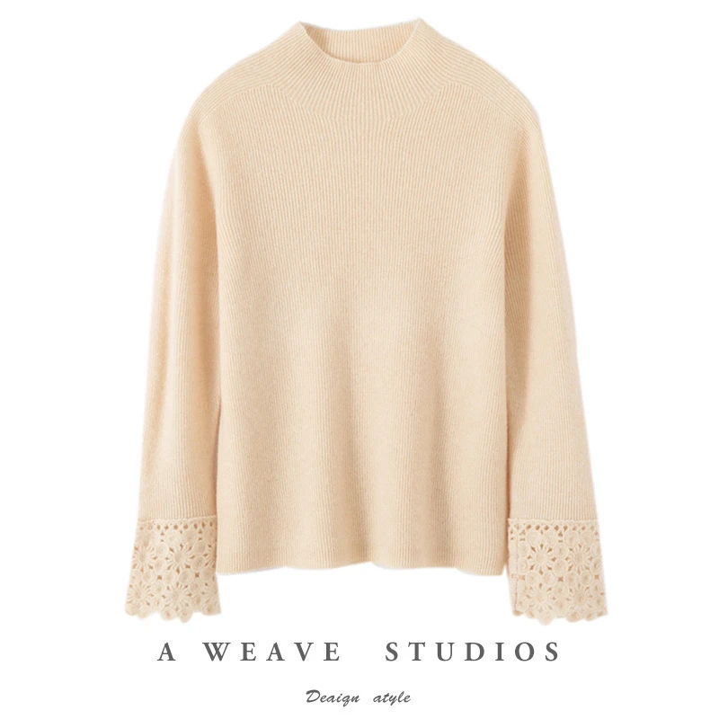 羊范2025秋冬新款重工手工钩花针织衫100%纯羊毛半高领软糯打底衫