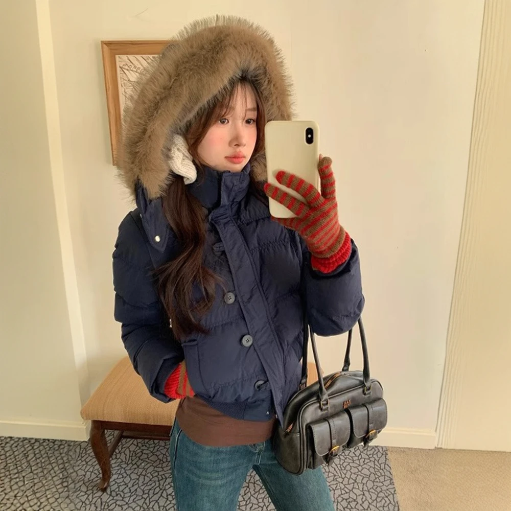 美式复古加绒加厚大毛领连帽修身显瘦短款面包棉服外套女