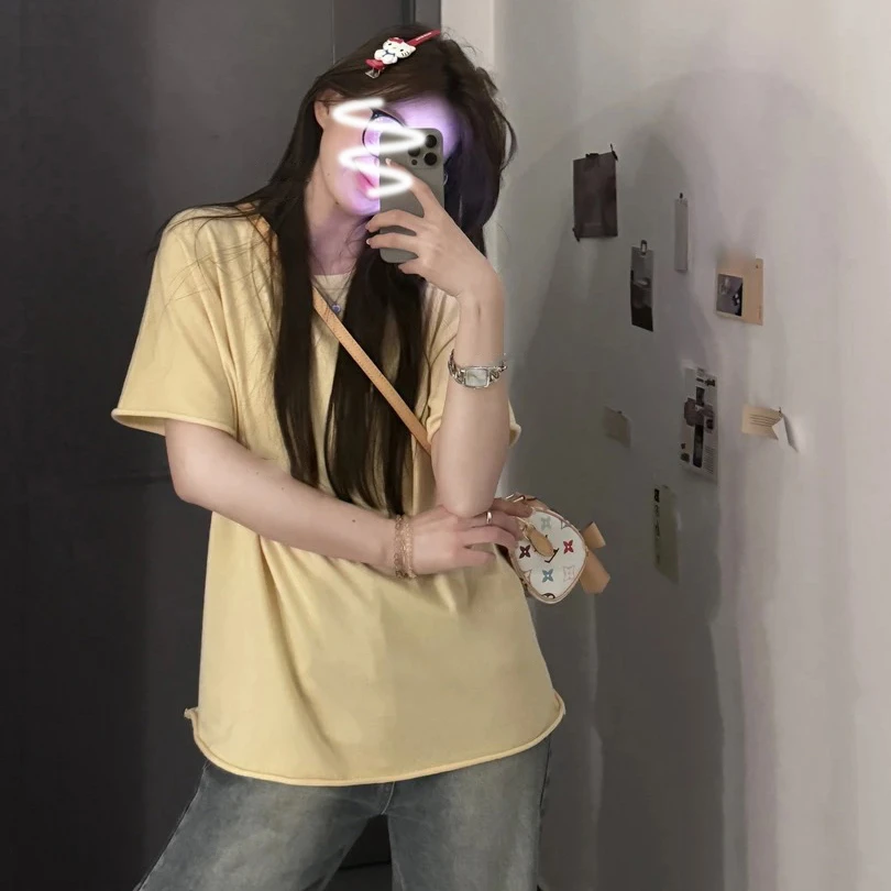 韩系chic卷边宽松减龄上衣女2025春夏季短袖T恤纯色棉