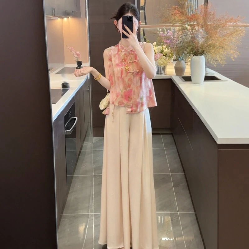 夏装搭配一整套2025新款国潮风高级感复古盘扣上衣阔腿裤两件套女