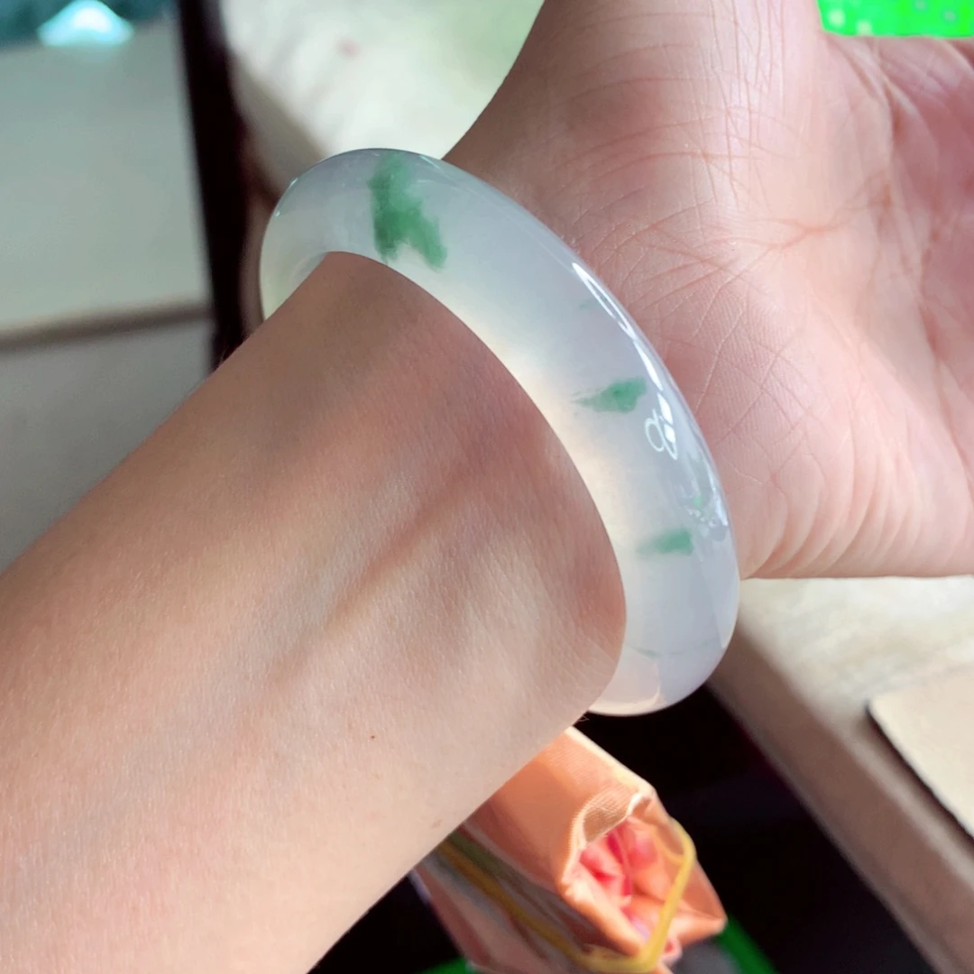 翡翠未镶嵌手镯54.5炸光高冰起钢飘绿花珠光宝气A