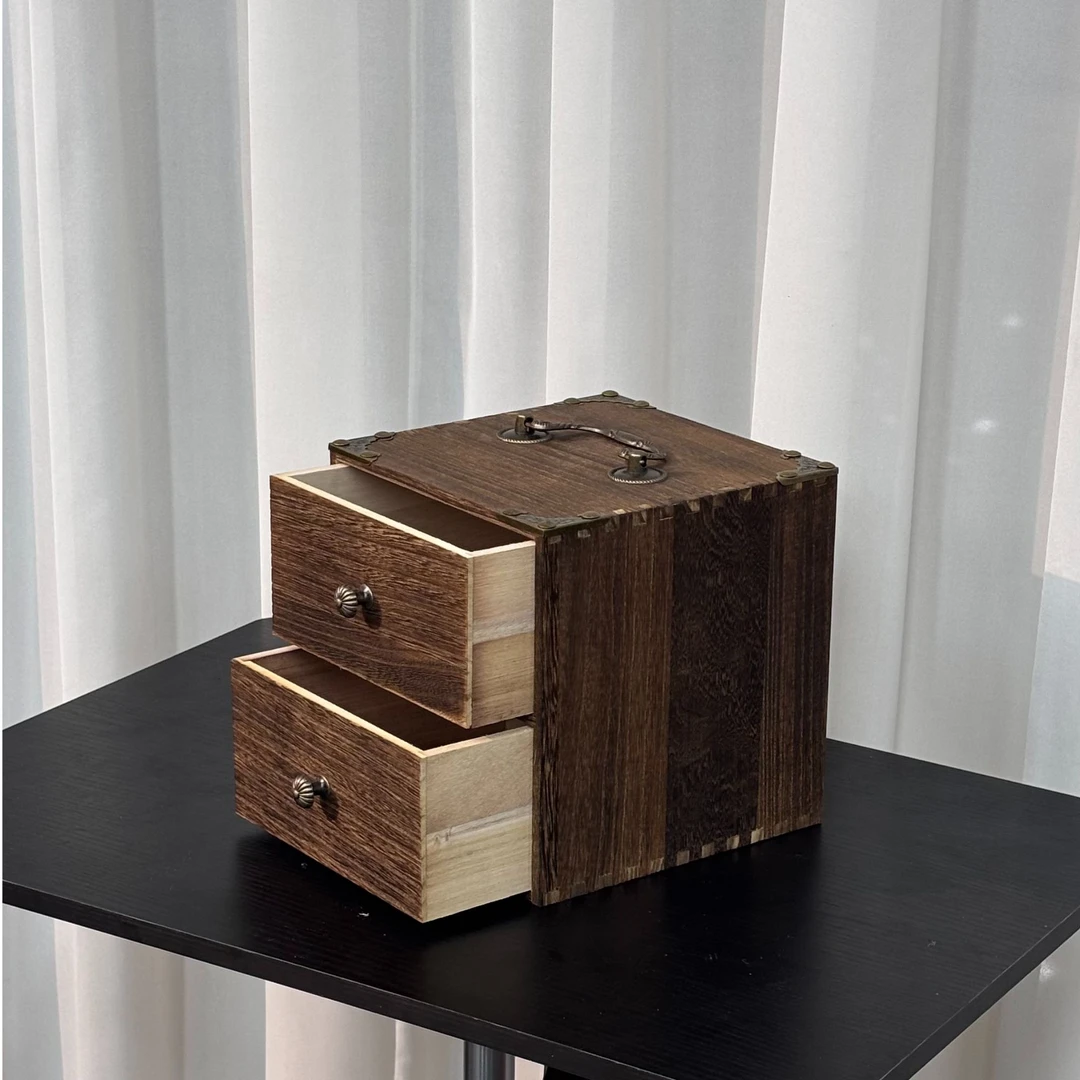 实木双层抽屉收纳盒复古收纳盒两层家用客厅1133