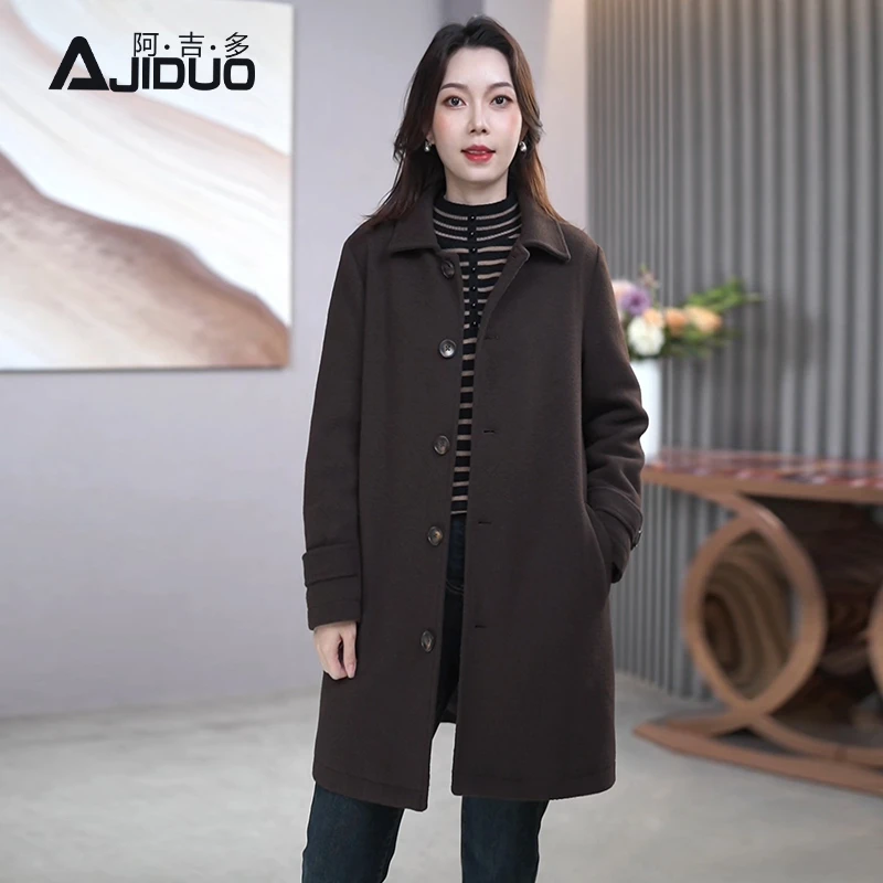 A23116阿吉多长袖毛呢外套女士新款秋冬夹棉保暖气质妈妈呢子大衣