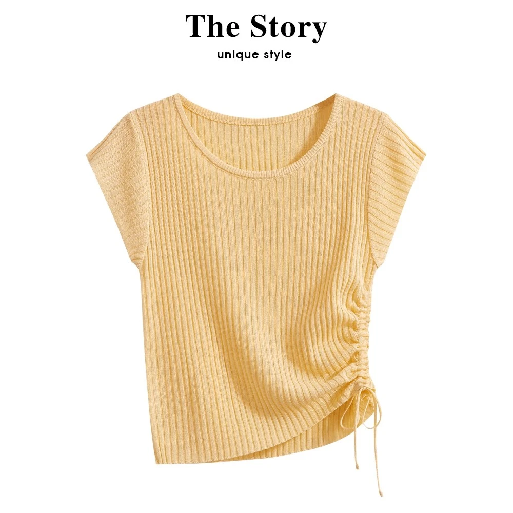 韩系chic飞飞袖冰丝针织衫短袖t恤女2025年夏季抽绳修身收腰上衣