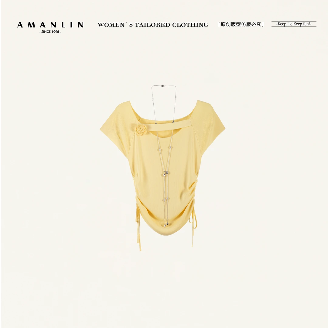 AMANLIN/阿谩琳欧若风多巴胺减龄纯色短袖绳收腰显瘦上衣Y598217