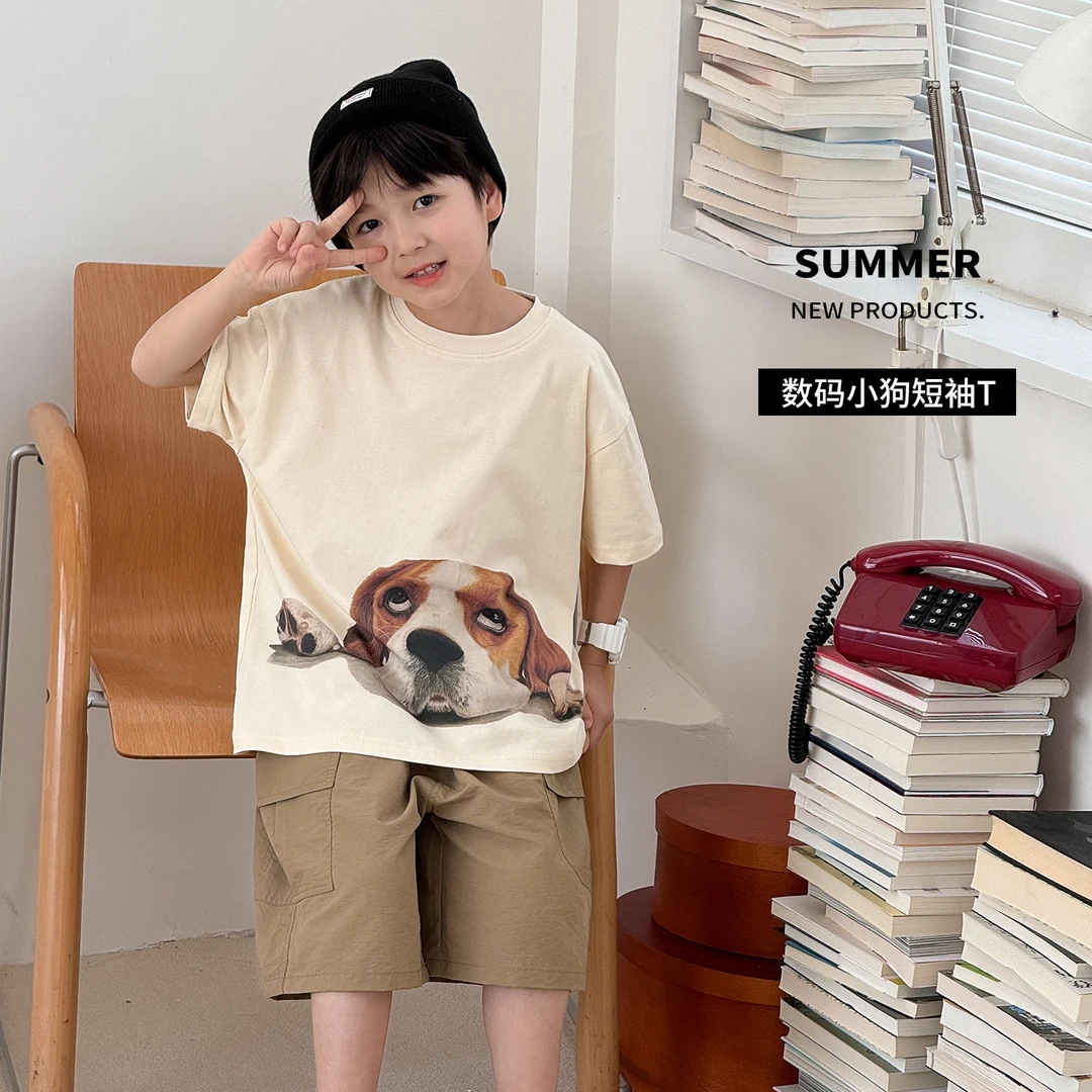 AX5100棉小班童装儿童数码小狗短袖T恤2025夏装休闲圆领卡通半袖