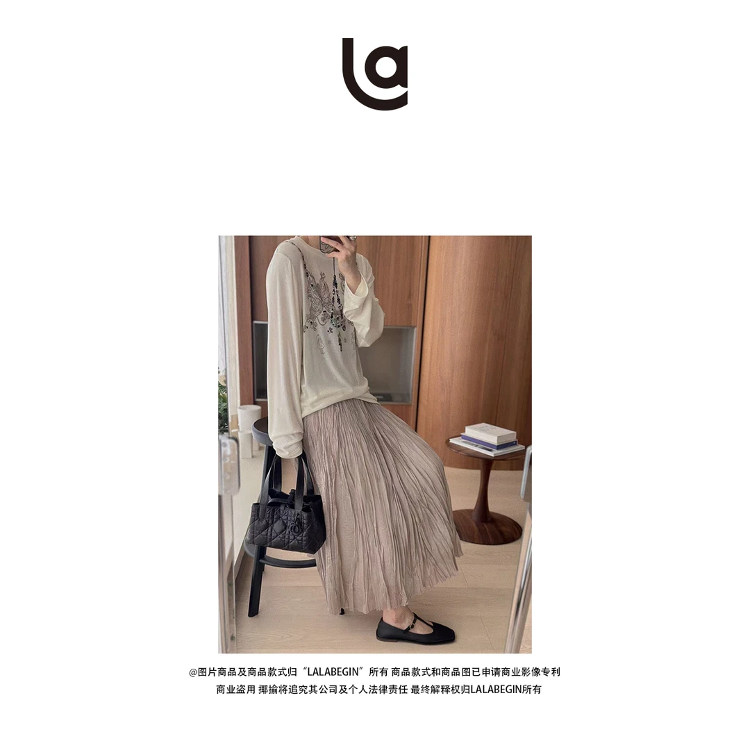 La La Begin"万物生长"古着蕾丝印花长袖T恤