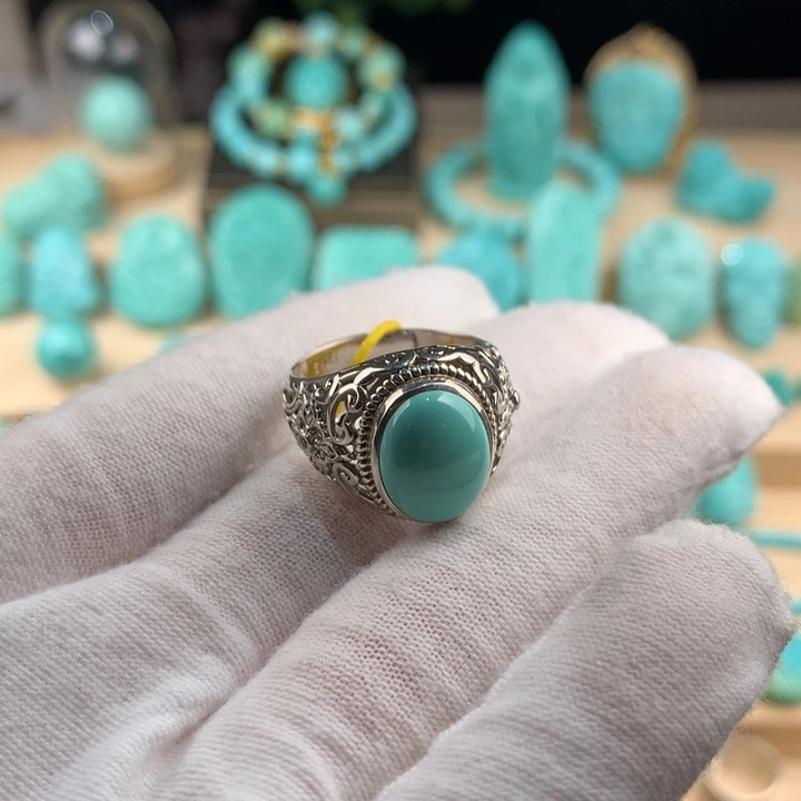 绿松石银S925镶嵌精品戒指豆*