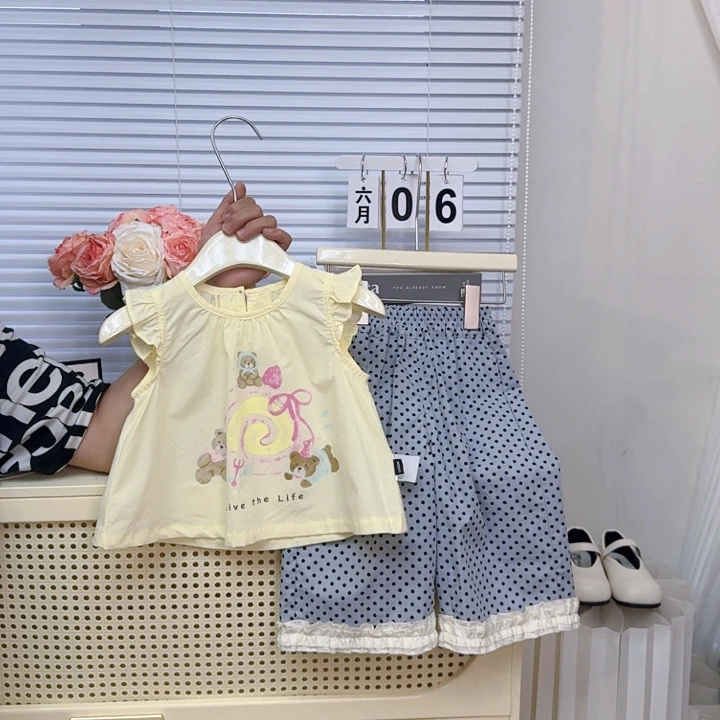 童装2025夏新款女童小童韩版卡通飞袖棉布娃娃衫7分裤套装两件