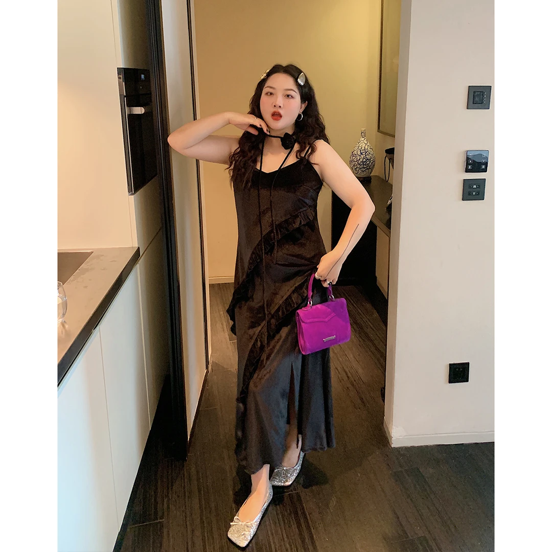 Dazi金大支邂逅塞纳河 丝绒V领荷叶边吊带连衣裙0103/0512法式