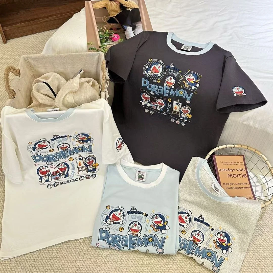 猫鼠熊精选蓝胖子刺绣宽松百搭时尚男女情侣款圆领夏款短袖T恤