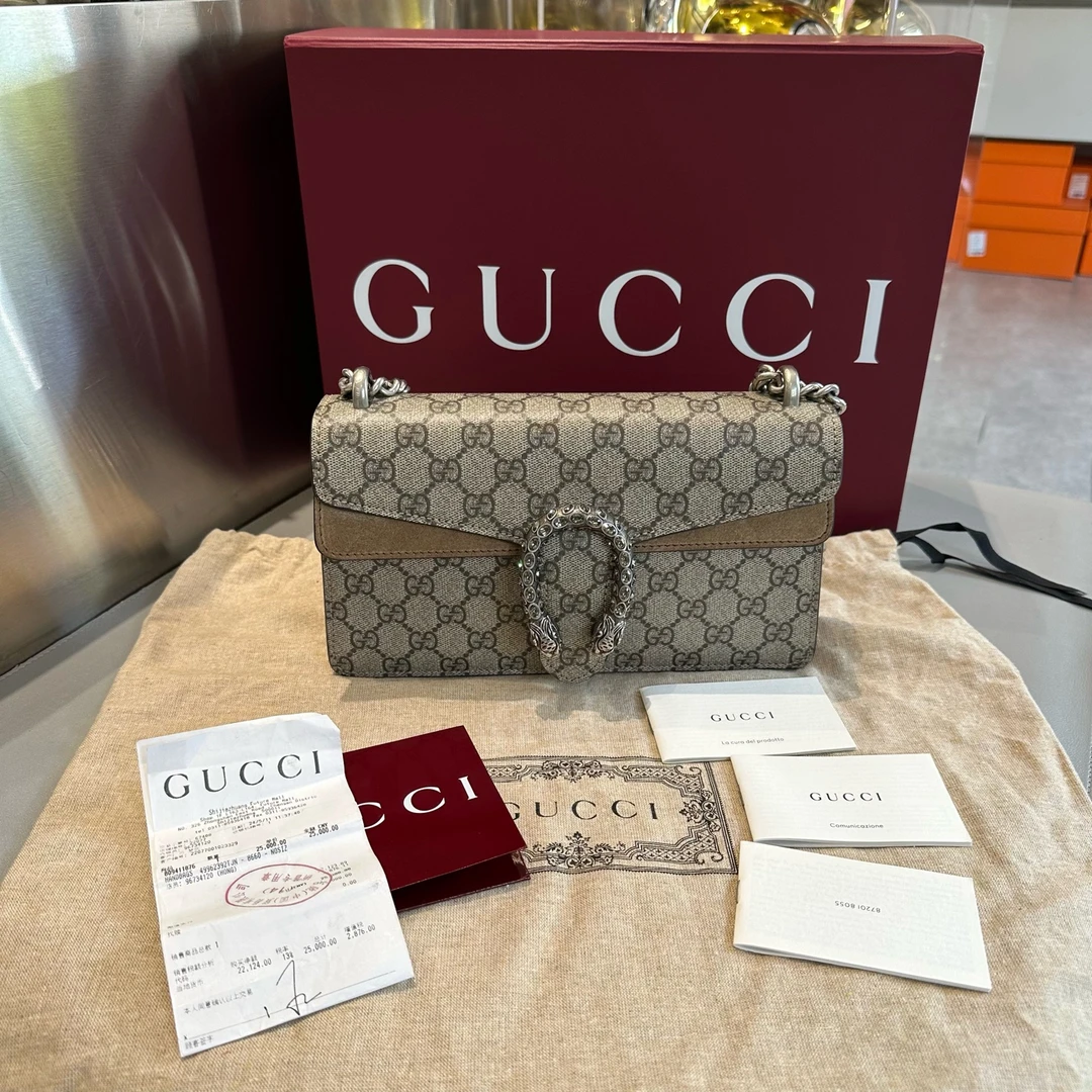 99新 GUCCI/古驰 Dionysus系列 酒神中号新款钻扣 老花驼色