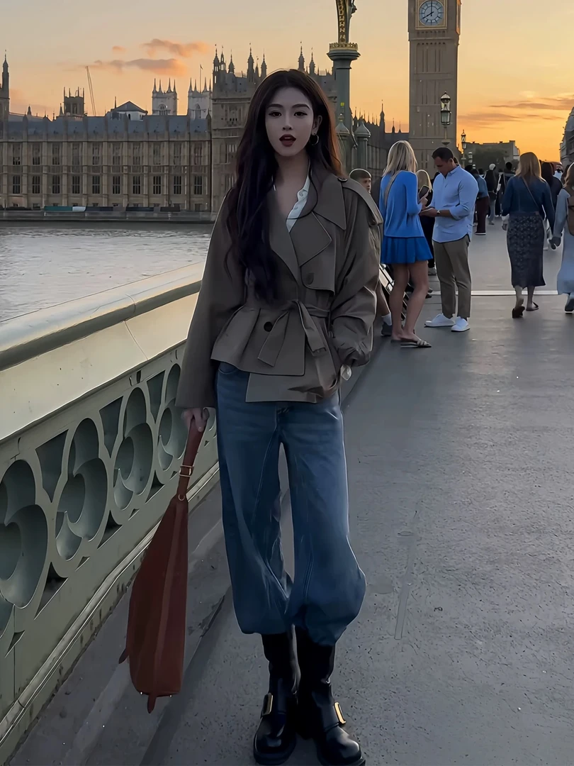 法式复古赫本风翻领风衣外套女秋冬慵懒短款气质大衣收腰系带上衣