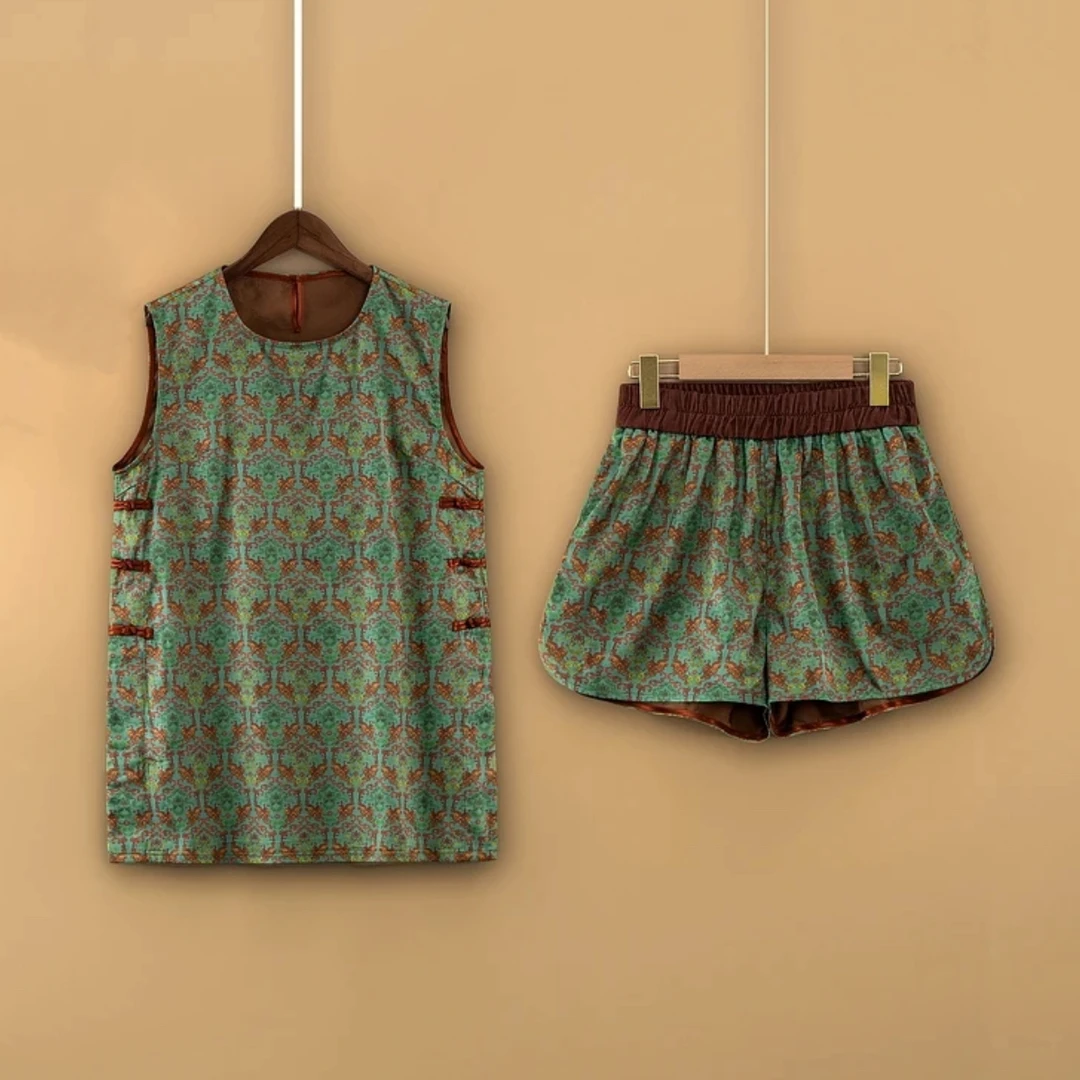 中式圆领无袖上衣+短裤国风提花两件套装女