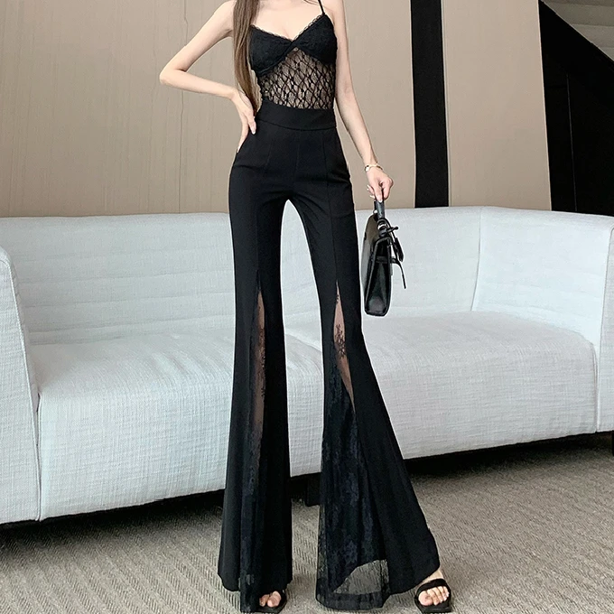 设计感蕾丝拼接微喇裤女春夏紧身气质高腰显瘦休闲裤垂感拖地裤子