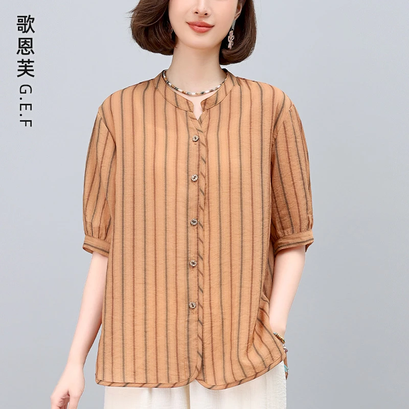 条纹短袖衬衫女夏季2025年新款气质中袖上衣妈妈洋气减龄漂亮小衫