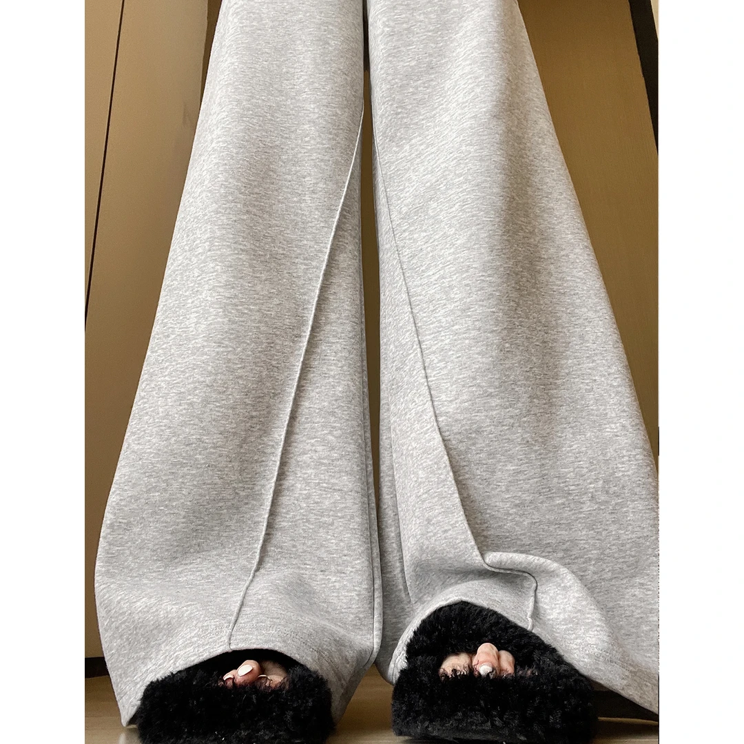 灰色美式运动微喇裤女秋季新款小个子高腰显瘦宽松拖地直筒阔腿裤