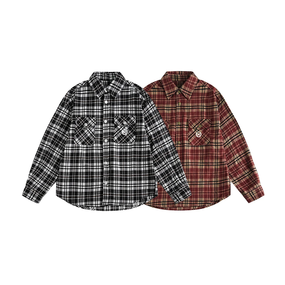 美式复古刺绣红色格子衬衫秋新款学院风宽松休闲衬衣外套-6343