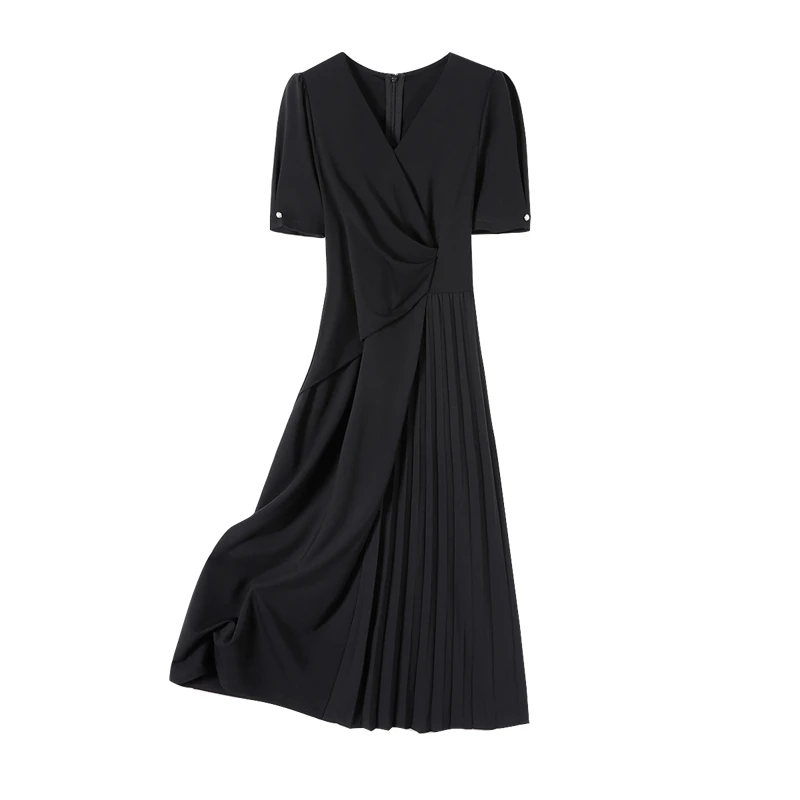 她池2025夏新款压褶裙摆高腰中长V领连衣裙T42Z1816LA