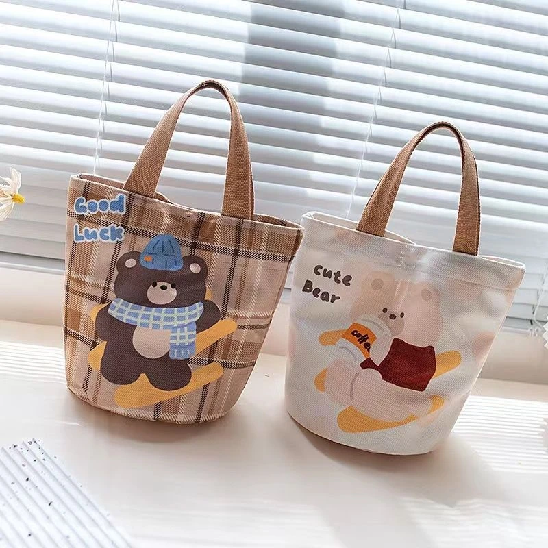 手提水桶格子帆布包宝妈外出时尚百搭简约可爱卡通印花小众布包xc