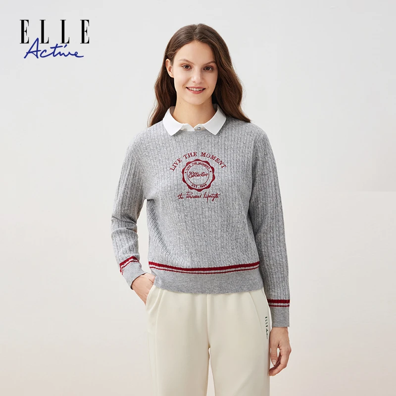 ELLE Active【含绵羊毛】经典绞花毛衣花灰色圆领保暖上衣休闲女装