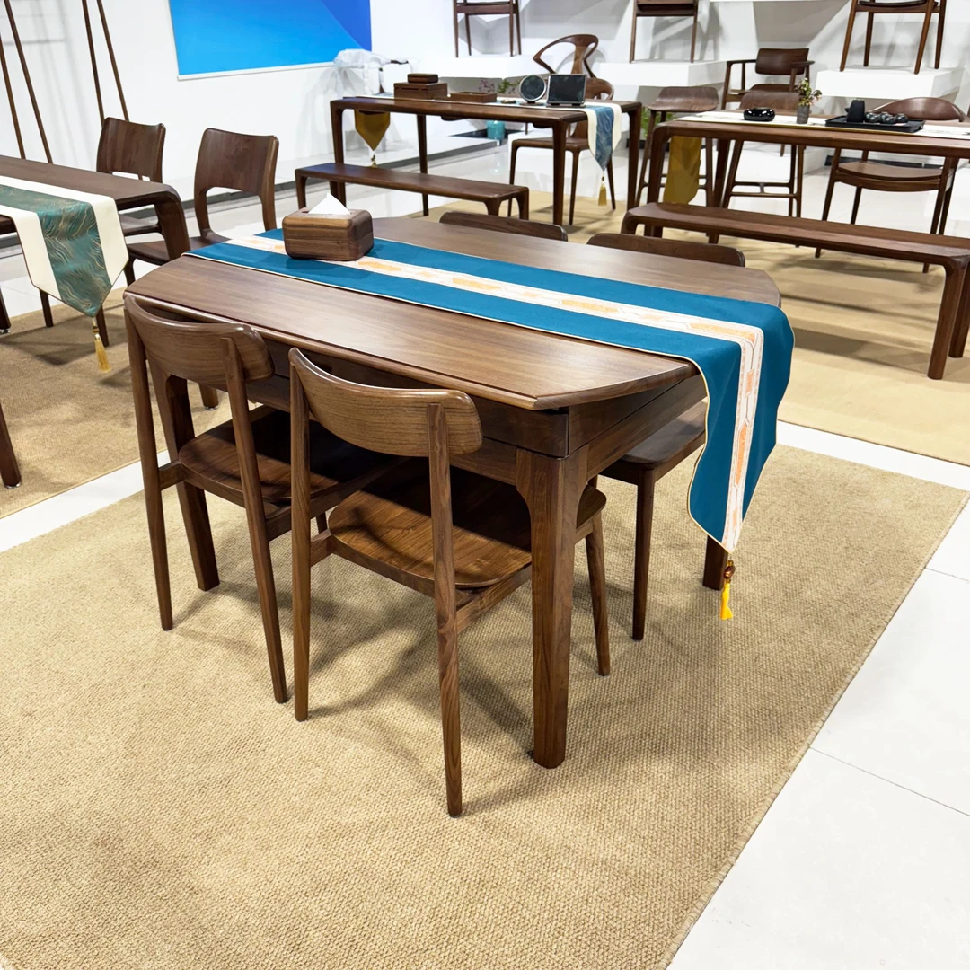 北美黑胡桃木实木圆餐桌跳台小户型折叠桌推拉桌新中式家用餐桌