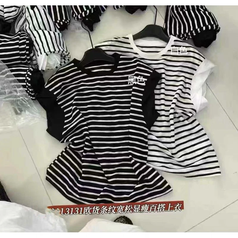 短袖圆领拼接休闲风条纹无袖T恤韩版气质宽松度假风