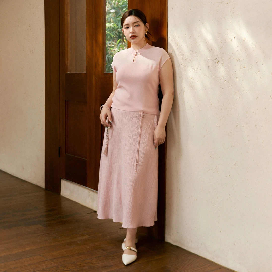 【折扣款】PLUSMALL 胭脂扣 国风镂空盘扣毛织短袖上衣PM2504011