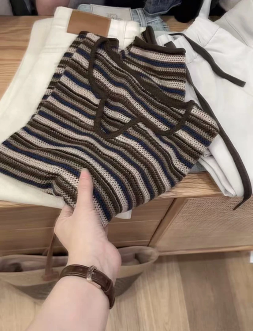 七言家新品！ins穿U领摩卡条纹撞色长袖