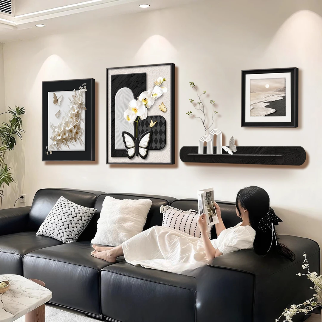 现代简约轻奢大气蝴蝶花卉客厅装饰画沙发背景墙挂画黑白绿植壁画
