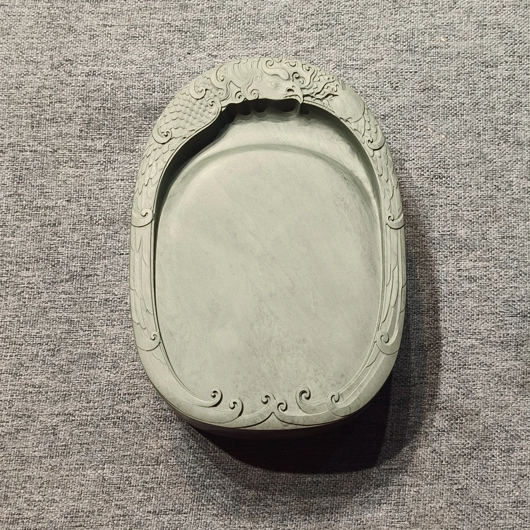 甘肃洮砚，老水泉机雕凤凰砚，尺寸14.5*10.4*4厘米