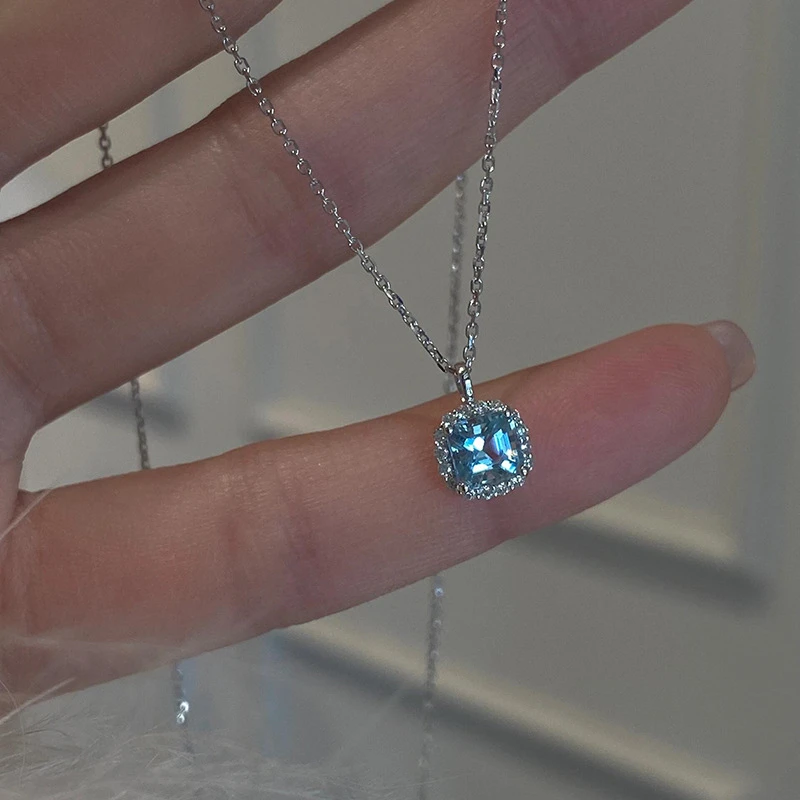识恩 钛钢项链 海蓝小方糖高级感爆闪锆石甜美气质时尚百搭锁骨链