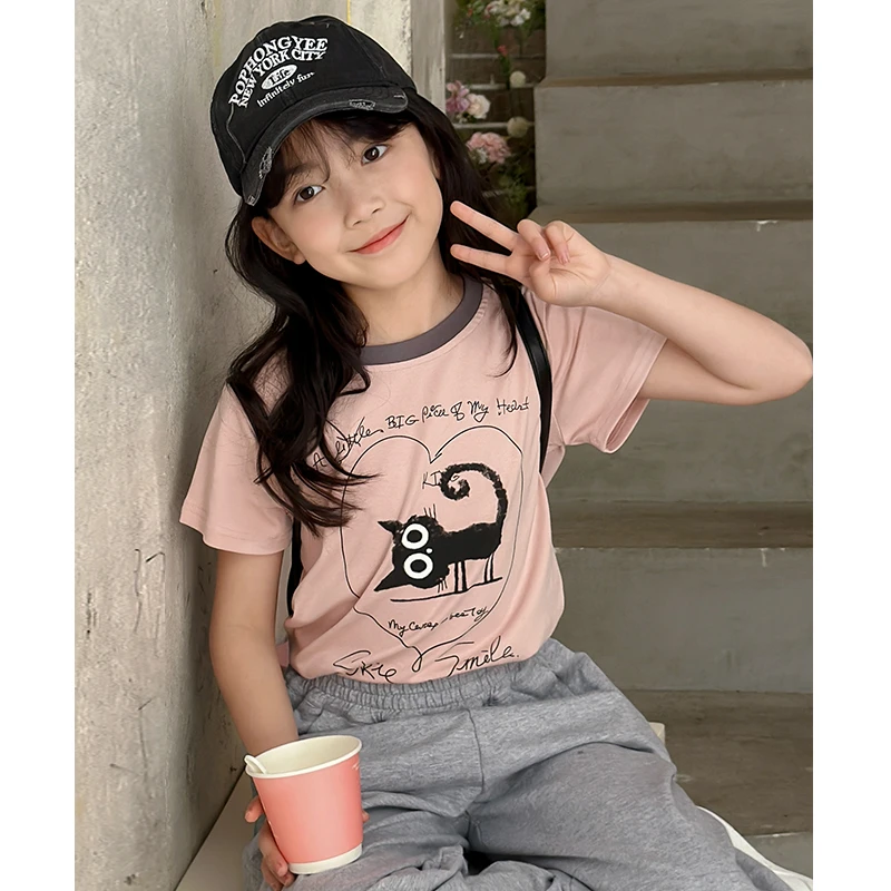 DTA2420女大童韩版洋气撞色短袖T恤夏装新款女童圆领卡通上衣潮