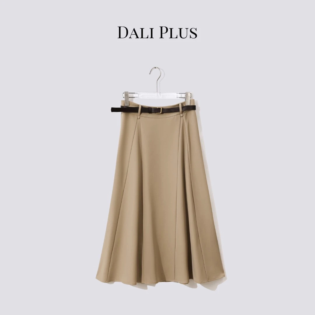 DALI PLUS时尚干练 温柔知性低调卡其色配腰带半身裙-D5DD1078