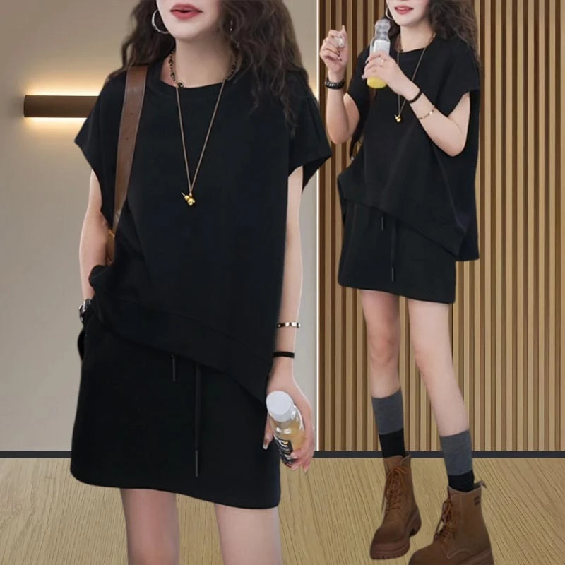 香朵儿洋气韩系休闲风两件套女2025年夏季新款时髦圆领短袖短裙女