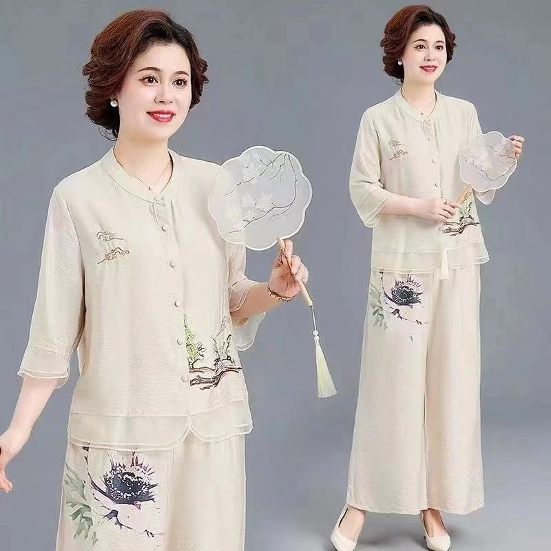 夏季中老年套装棉麻开衫新中式上衣时尚刺绣妈妈宽松两件套民族风