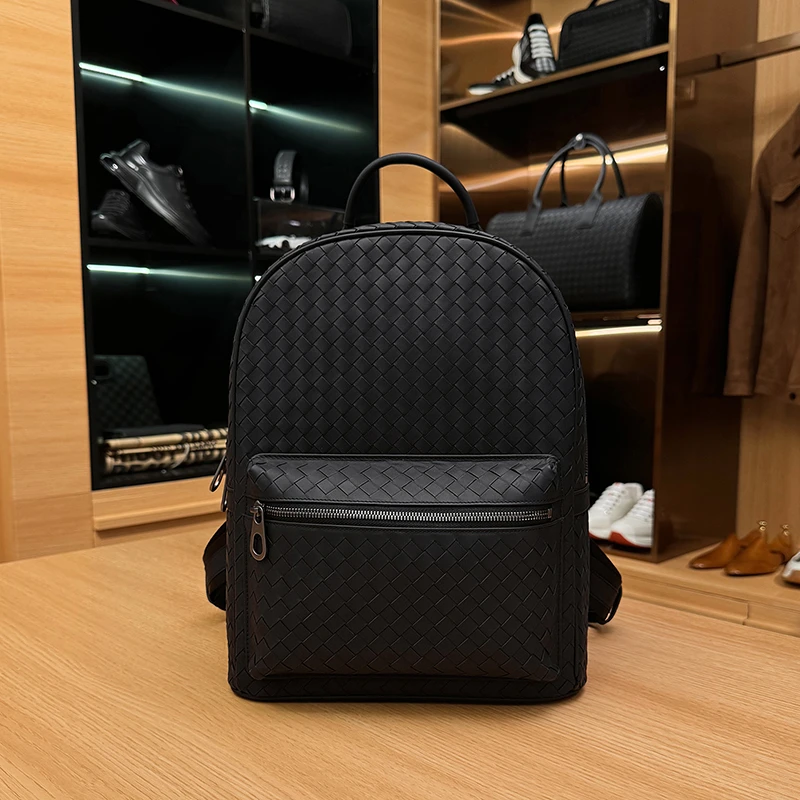 BOSOM VARVLE【头层牛皮】男士纯手工编织电脑双肩包大容量背包时尚