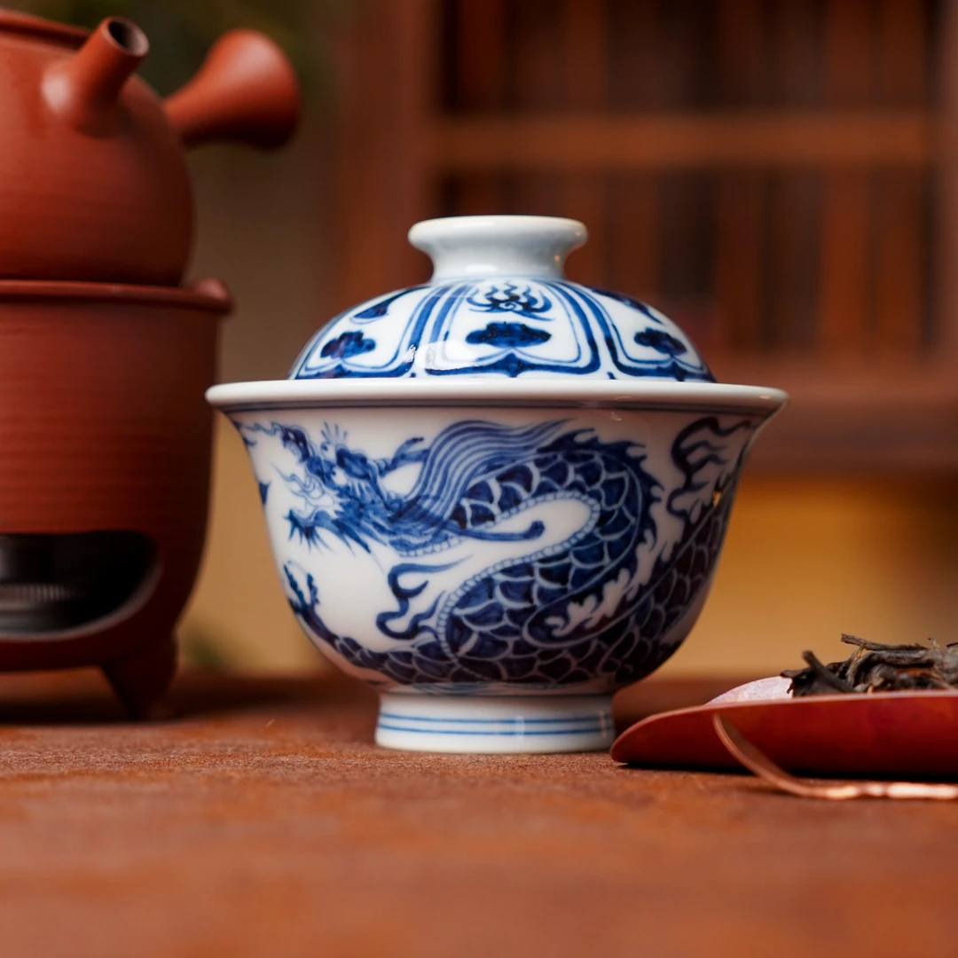 正德御窑刘建锋窑龙压手盖碗陶瓷喝茶品茗饮茶主人杯青花茶具泡茶