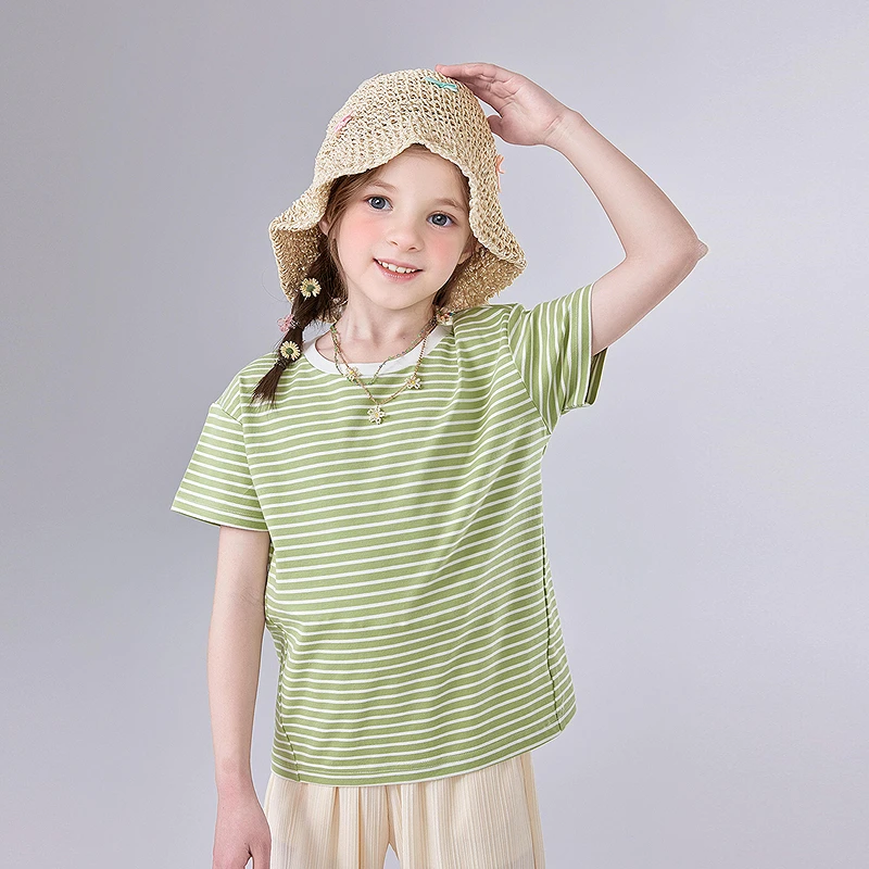笛莎童装上衣2025年新款时尚中童女孩宝宝休闲圆领条纹T女童夏