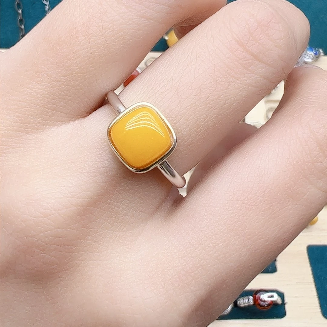 蜜蜡戒指银S925镶嵌天然