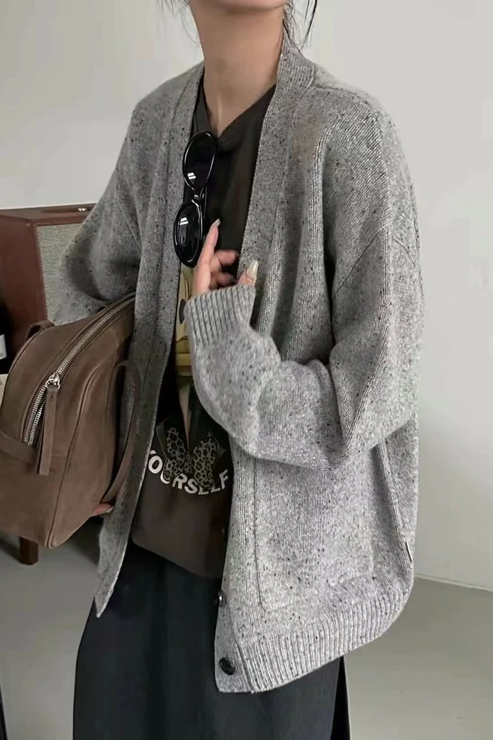 8630毛衣外套女秋冬新款慵懒风中长款撞色针织开衫