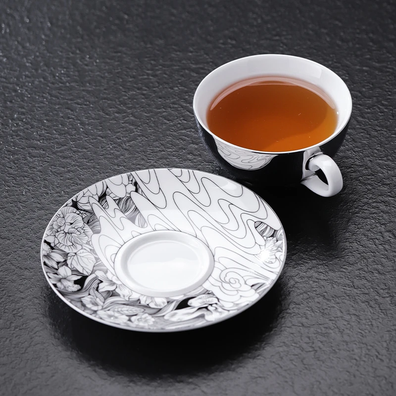 景德镇官方旗舰店高温陶瓷单咖啡杯碟釉上彩描金电镀轻奢风花朦胧