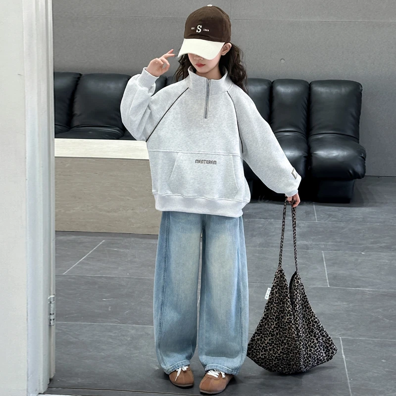 女童休闲套装春秋款3-15岁宽松韩版上衣中大童女孩牛仔裤子两件套