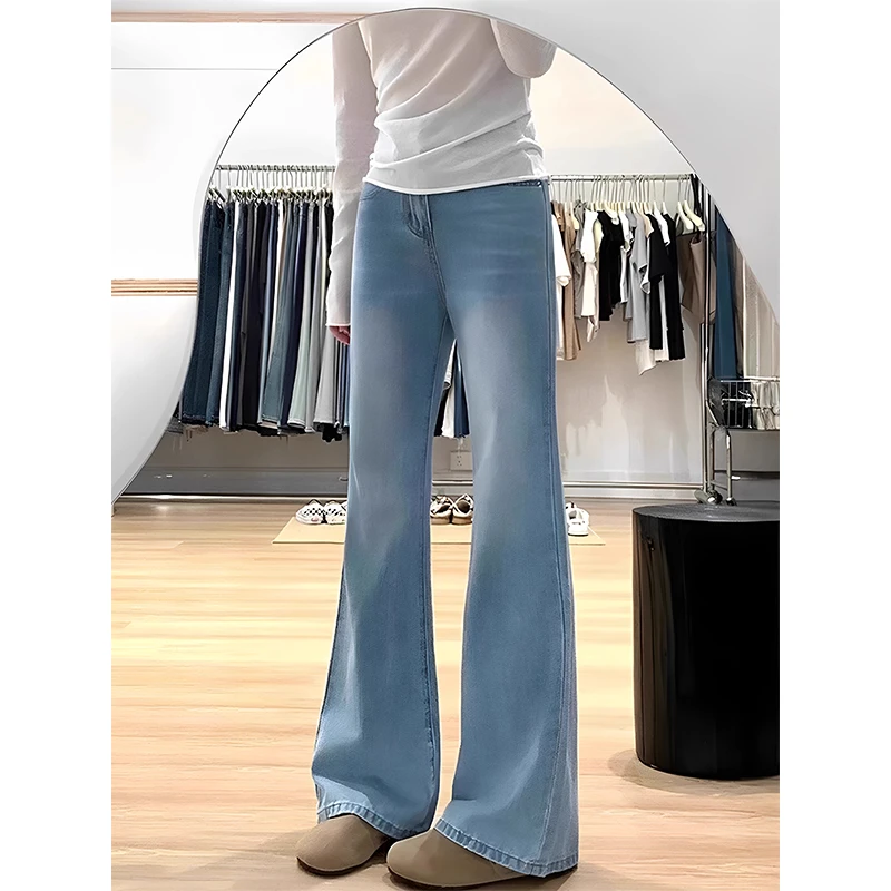 大码复古微喇牛仔裤女夏季薄款胖mm梨形身材高腰显瘦直筒马蹄裤子