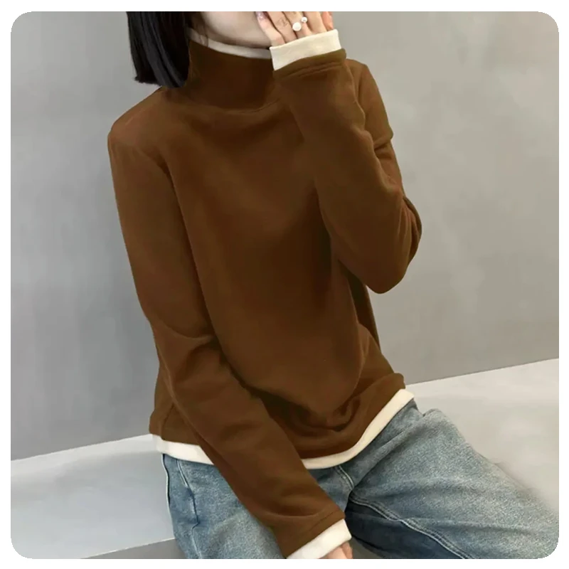 2025春秋新款保暖打底衫女气质高领拼色假两件长袖减龄显瘦女上衣
