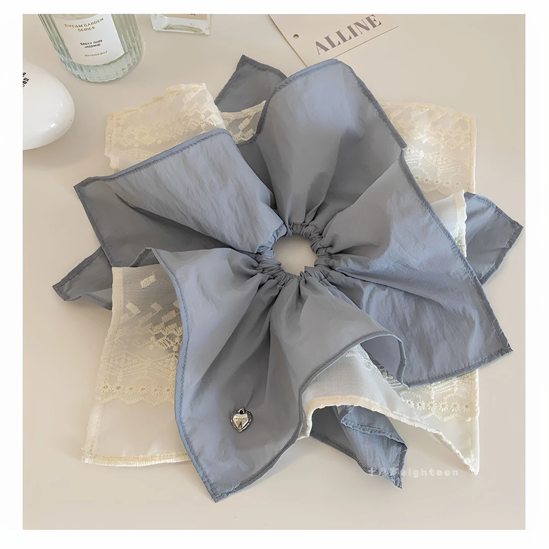 超有层次感！韩系蓝色蕾丝方巾大肠发圈女高级感超大方形发饰头绳