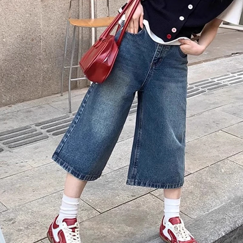 美式复古高街牛仔裤子女2025新款大码胖mm高腰直筒阔腿七分裤中裤